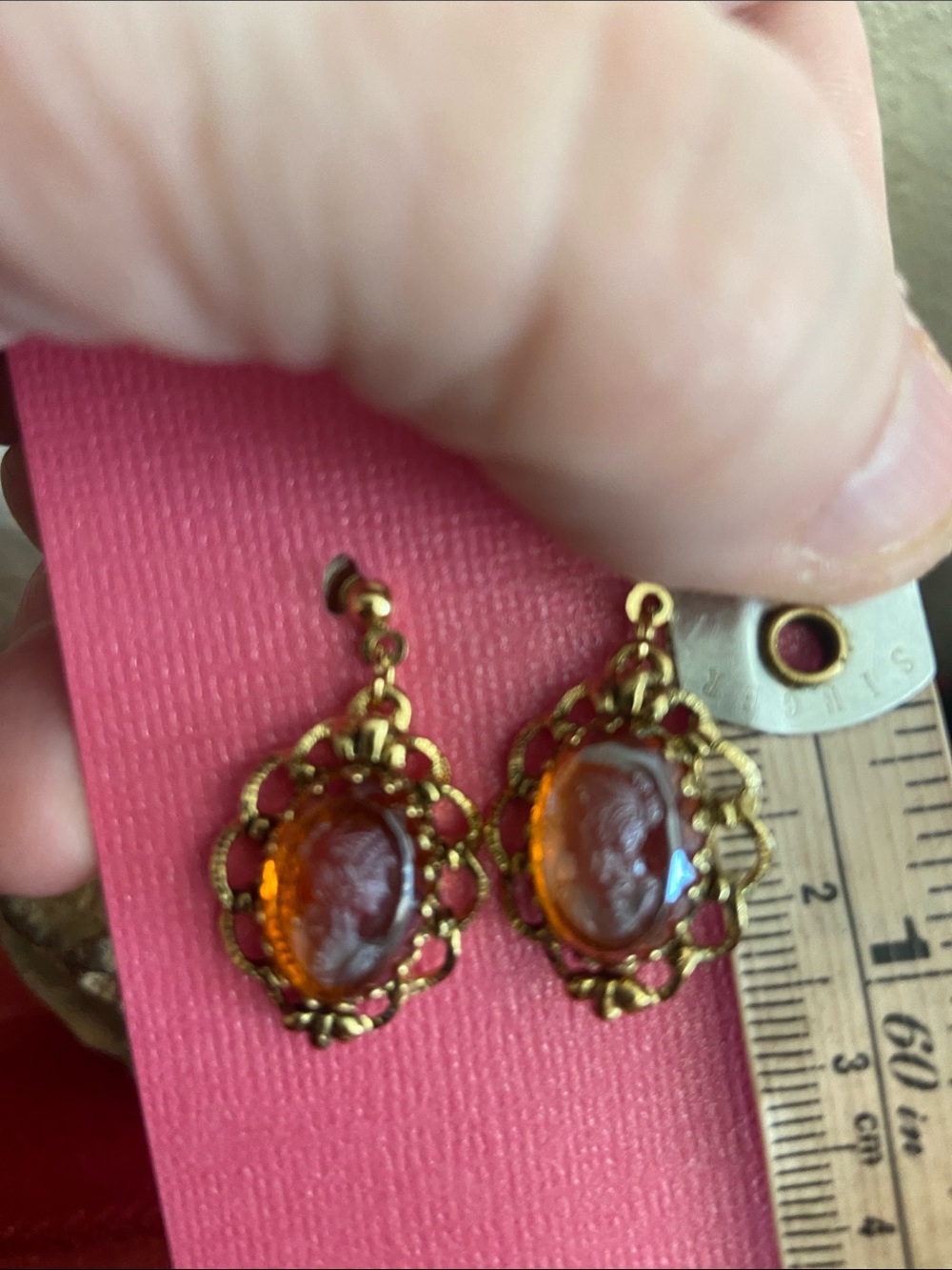 Vintage Gold-Tone Amber Iridescent Glass Cameo Drop Stud Earrings - Picture 6 of 8